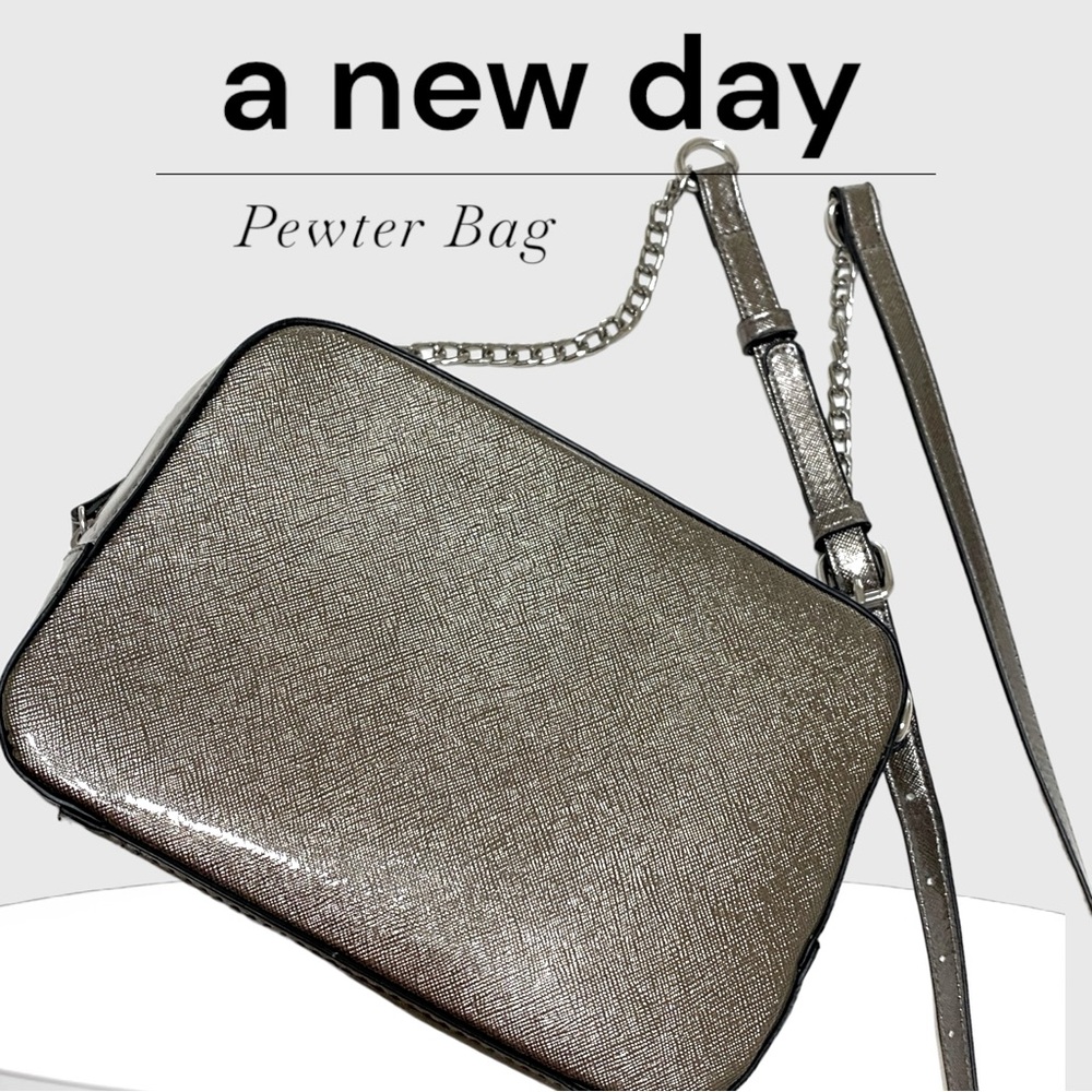 Shiny Pewter Grey Box Style Zippered Bag with Silver & Adjustable Strap